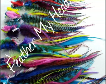 100 Short Feather Hair Extension, 5 to 7 inches long, Variety Pack, Wide Feathers with fluff, Optional DO It Yourself Kit