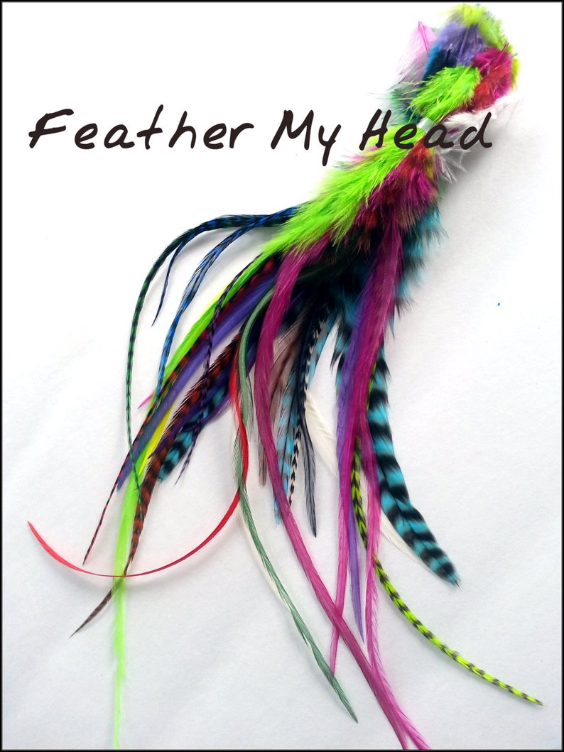 50 Pc Whiting Wide Feather Extensions With Fluff / Bright Grizzly Colors / 7 12 Inches Long image 3