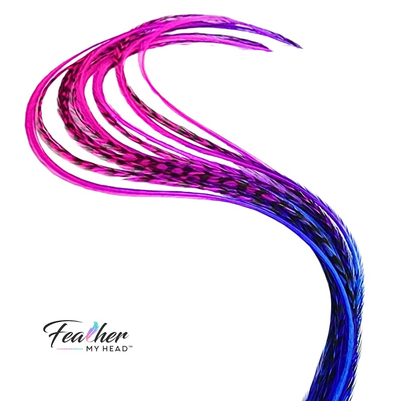Summer Berry rainbow tie dye feather hair extensions in pink purple and blue on white background