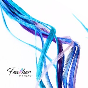 Hair Feather Extensions in colors of blue purple and turquoise. Long hair feathers with a optional feather kit which includes attachment beads, instructions and tool to pull hair through micro bead.