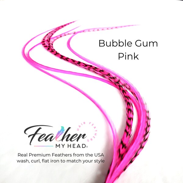 Feather Hair Extension Kit (6) Real Feathers, Optional DIY Kit, Pick Your Length Long Feathers up to 16" Long, Bubble Gum Pink Pink Feathers