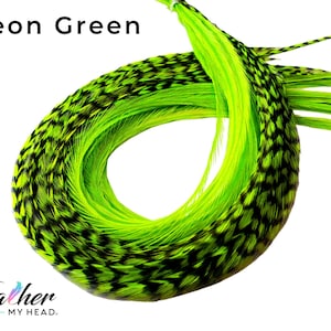 Bright Neon Green Hair Feather Extensions, Glows Under Black Light, 6 Premium Feathers, Pick Your Length Up To 16 Plus Inches Long
