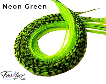 Bright Neon Green Hair Feather Extensions, Glows Under Black Light, 6 Premium Feathers, Pick Your Length Up To 16 Plus Inches Long