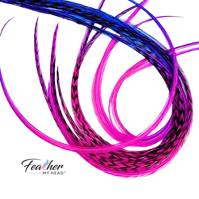 Summer Berry multicolor feather hair extensions with pink purple and blue tones