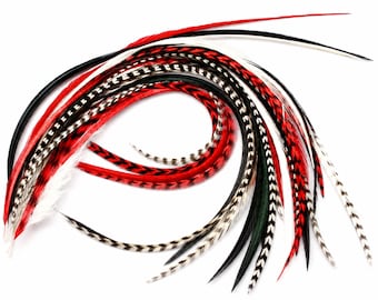 Feather Hair Extensions, Red Black White Rooster Feathers, Long 10–16+ Inch – Vixen