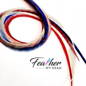Patriotic hair feather extensions in red white and blue, extra long festival accessory