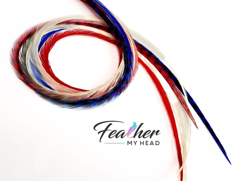 Patriotic hair feather extensions in red white and blue, extra long festival accessory