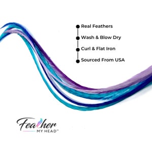 Hair Feather Extensions in colors of blue purple and turquoise. Long hair feathers with a optional feather kit which includes attachment beads, instructions and tool to pull hair through micro bead.