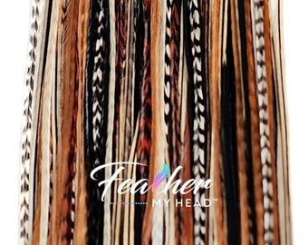 Natural Hair Feathers: Brown, Black, Grizzly Rooster Feather Extensions