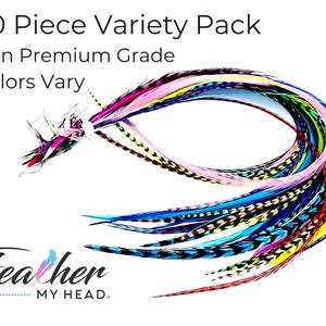 May include: A pack of 50 colorful feathers, non-premium grade, with colors varying. The feathers are arranged in a circle, with the ends of the feathers pointing towards the center. The text "Feather My Head" is visible at the bottom of the image.