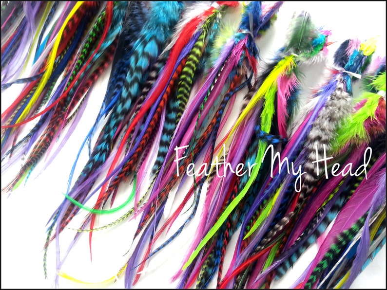 50 Pc Whiting Wide Feather Extensions With Fluff / Bright Grizzly Colors / 7 12 Inches Long image 5