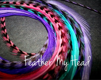 16 Feather Hair Extensions, Long Whiting Grizzly Real Rooster Feathers, 9-12 inches long, Cotton Candy