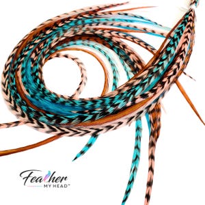Hair feathers extension kit, real turquoise and brown feathers, multiple long length options - Sante Fe Set