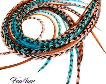 Kit de extensiones de plumas para el cabello, plumas auténticas turquesas y marrones, múltiples opciones de largo - Set Santa Fe