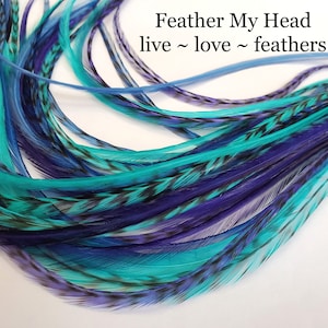 6 Real Feathers, Do It Yourself Kit  With Beads, Pulling Wire and Instructions - Pick Your Length 7" to 16+" Long - Jaded Mix