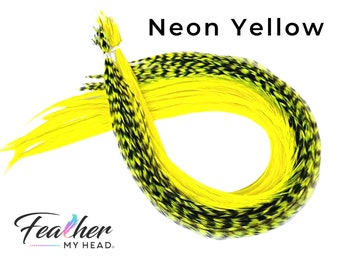 Bright Neon Yellow Hair Feather Extension Kit, Glows with Black Light -  6 Piece, available in Long Lengths over 16 Inches long