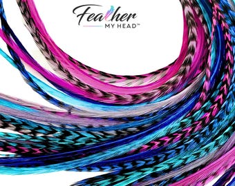 Hair Feathers Extension Set: Long Pink, Purple, Blue Feather Kit Beach Accessory - Beach Party