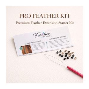May include: A premium feather extension starter kit with the text "PRO FEATHER KIT" and "Feather MY HEAD". The kit includes a card with installation and care tips, small beads, and a red-handled tool.