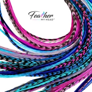 Hair Feathers - 6 Premium Feather Extensions - Length Options Over 16" - Optional Feather Kit - Beach Party Mix - Pink, Purple Feathers