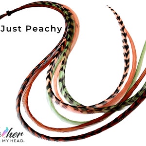 Just Peachy Hair Feathers. 6 Feathers, Natural Colors of Green, Coral and Brown Hair Feathers, Pick Your Length Up To 16 Plus Inches Long