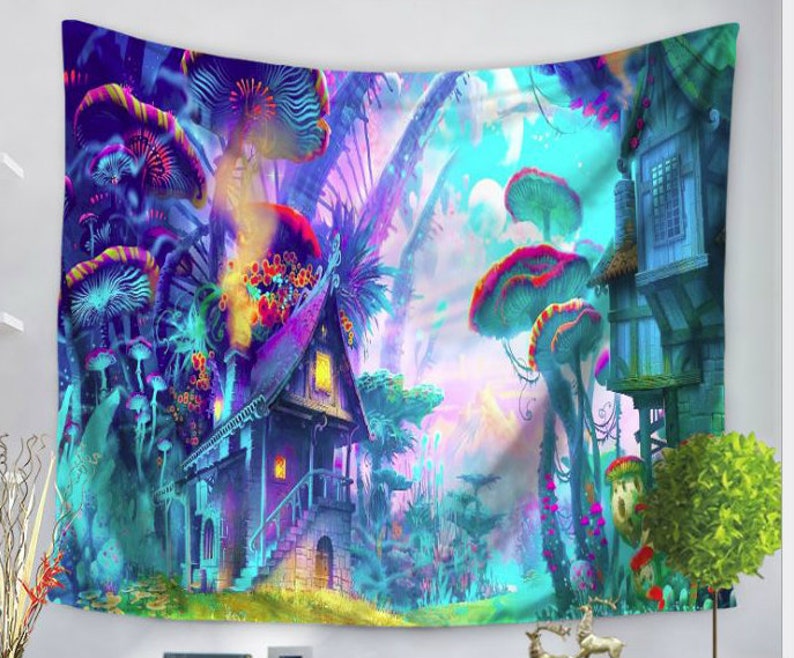 Colorful Trippy Psychedelic Mushroom Electric Forest Tapestry | Etsy