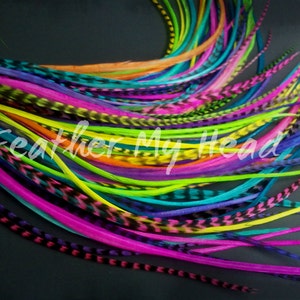 16 Pc DIY Kit Whiting Grizzly Feather Extensions Long Hair Feathers 9-12 in 23-28cm Neon Summer Nights image 4