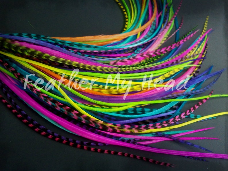 16 Pc DIY Kit Whiting Grizzly Feather Extensions Long Hair Feathers 9-12 in 23-28cm Neon Summer Nights image 4