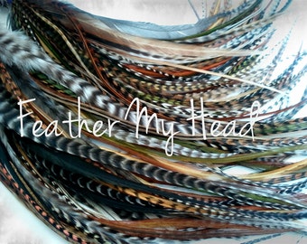 16 Wide Feather Hair Extensions - Medium Long 7" -12"  Browns Greens Golds - Optional Do It Yourself (DIY) Kit  - Wild Thing