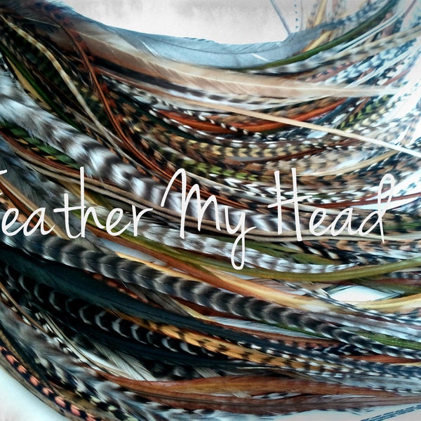 16 Wide Feather Hair Extensions - Medium Long 7" -12"  Browns Greens Golds - Optional Do It Yourself (DIY) Kit  - Wild Thing