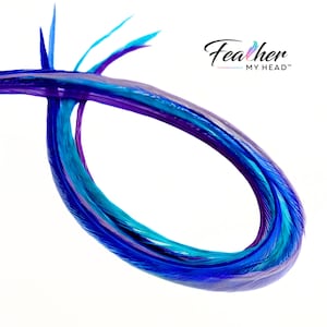 Hair Feather Extensions in colors of blue purple and turquoise. Long hair feathers with a optional feather kit which includes attachment beads, instructions and tool to pull hair through micro bead.