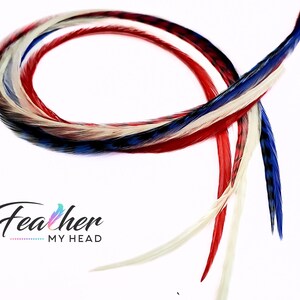 Patriotic hair feather extensions in red white and blue, extra long festival accessory
