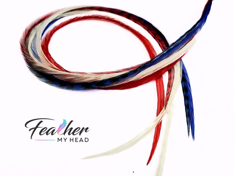 Patriotic hair feather extensions in red white and blue, extra long festival accessory
