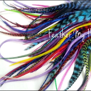 50 Pc Whiting Wide Feather Extensions With Fluff / Bright Grizzly Colors / 7 12 Inches Long image 1
