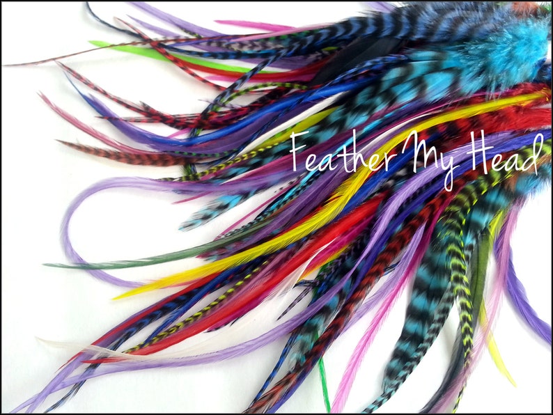 50 Pc Whiting Wide Feather Extensions With Fluff / Bright Grizzly Colors / 7 12 Inches Long image 1