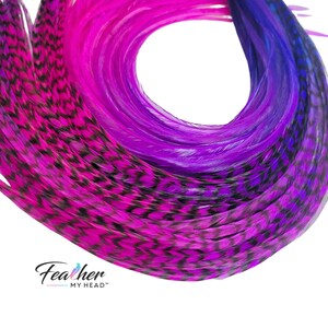Detailed close up of Summer Berry rainbow tie dye feathers in bright pink purple and blue