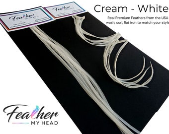 Cream White Hair Feather Extensions: 6 Long Feathers, DIY Kit