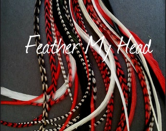 16 DIY Kit Whiting Feather Hair Extensions  Long 9"-12" (23-31cm) Rock Star - Premium Grade Whiting Euro - Red White Black - W/ Beads