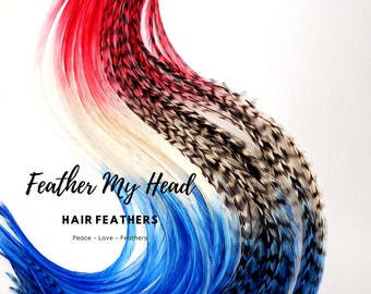 Feather Hair Extension, (6) Multi Colored Tie Dye -Optional DIY Kit - Pick Your Length Up to 16 Inches Long - Stars And Stripes