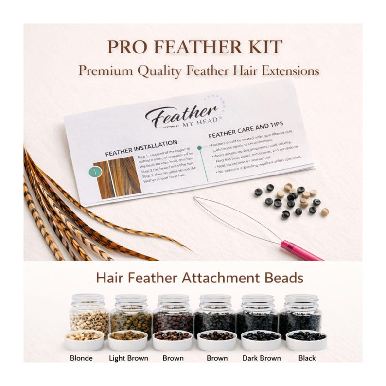 Extra long hair feather extension set with silicone lined micro beads and pulling loop tool
