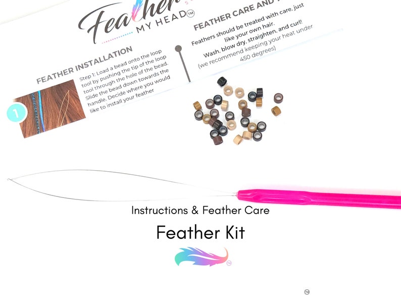 May include: A close-up of a feather extension kit with instructions on how to install and care for the feathers. The kit includes a needle, beads, and a feather. The text on the card reads "Feather Installation" and "Feather Care and".
