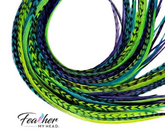 Hair Feather Extensions - Long Feather Hair Extensions Turquoise Blue, Purple, and Green - Beach Boho Festival Hair - Caribbean 6 Piece Set
