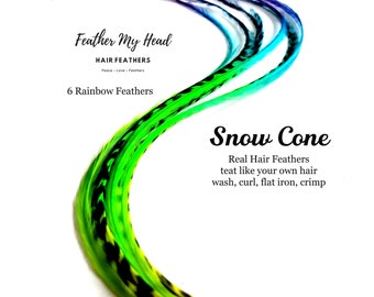 Snow Cone Hair Extensions, Multiple Colors On One Feather in Shades of Purple, Blue, Green, Yellow. 1 Strands, Optional Kit