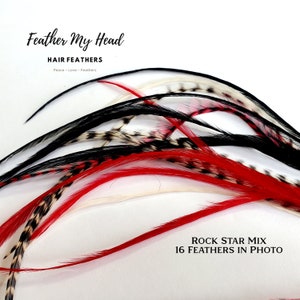 Red, Black and White Hair Feather Extensions. Long Lengths and Hair Feather Kit Available - Rock Star Mix