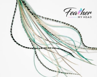 Extensiones de plumas para el cabello: plumas de gallo verdes, blancas y marrones (juego de 6)