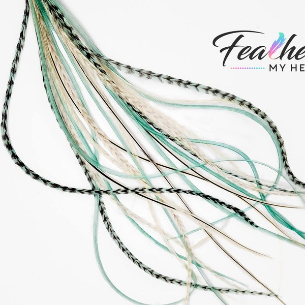Hair Feathers, 6 Hair Feather Extensions, Pick Your Length up to 16+", Feather Kit, Green - White - Brown, Bamboo and Coconut Mix