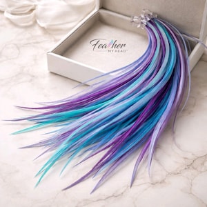 Feather Hair Extensions, Long Hair Feathers, Blue Teal Hair Feathers, Dancing Waters 16 Piece Set