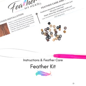 Hair feather extensions kit with instructions, attachment beads and tool to pull hair through bead.