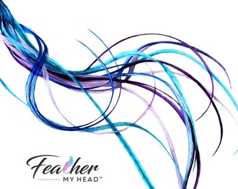 Hair Feathers - Feather Extensions - Purple, Blue, Turquoise - 6 Pc Real feathers - Lengths 10 to over 16 inches Long, Dancing Waters Mix