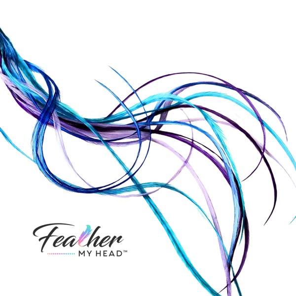 Hair Feathers - Feather Extensions - Purple, Blue, Turquoise - 6 Pc Real feathers - Lengths 10 to over 16 inches Long, Dancing Waters Mix