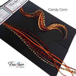 Feather Hair Extension Kit, 6 Real Hair Feathers, Pick Your Length up to 16 Inches  Long, Optional Installation Kit, Candy Corn Mix